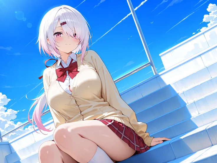 solo,masterpiece,best quality, amazing quality, highres, absurdres, very aesthetic, high resolution, ultra detailed, perfect details,nijiyuika,large breasts,pink eyes,gradient hair,light pink hair,white hair,round face,long hair,hair over one eye,low ponyt...