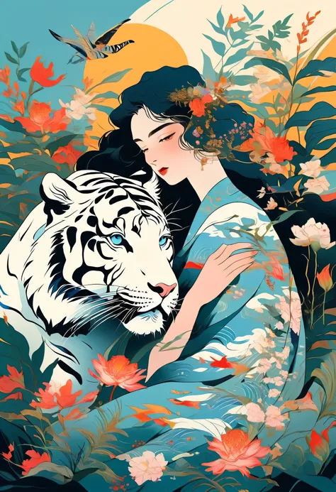 Elegant and Sensual Illustration Movie Poster Art ,  Retro and Vintage  , silky flowers around the body , No Anatomical Failure、Behind Matte Paint , Hannah Dale, Hironaka Harumi, Super soft color ,  a super large white tiger stands behind a vibrant,  paste...
