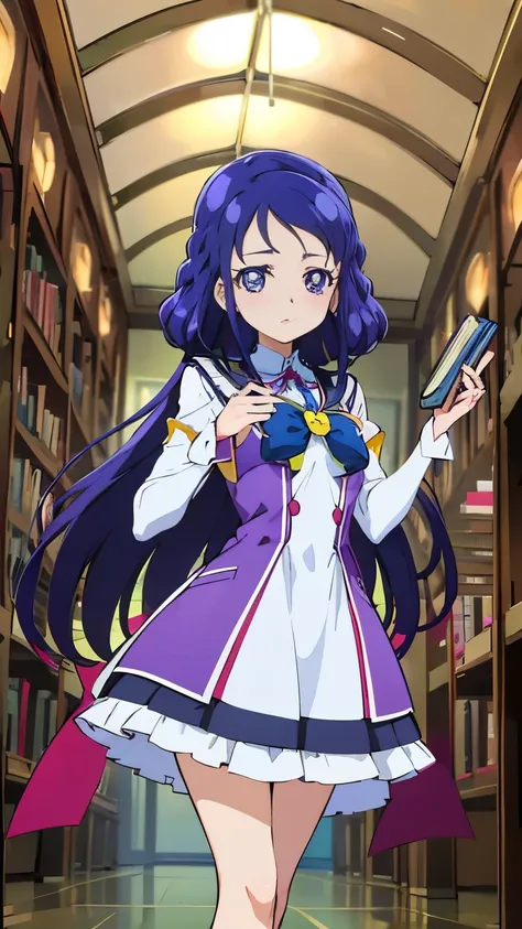 8K High Resolution、A high-ceilinged library room with a huge collection of books、Pretty Cure cosplay、cute cosplay、Pretty Cure costume with great attention to detail、A cute high school girl with a glamorous figure、