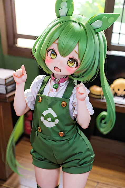 cute green-haired zundamon in playful pose, detailed character design , Exquisite Details , surreal , Photoreal , 8k, masterpiece , is high resolution, bright color, ...