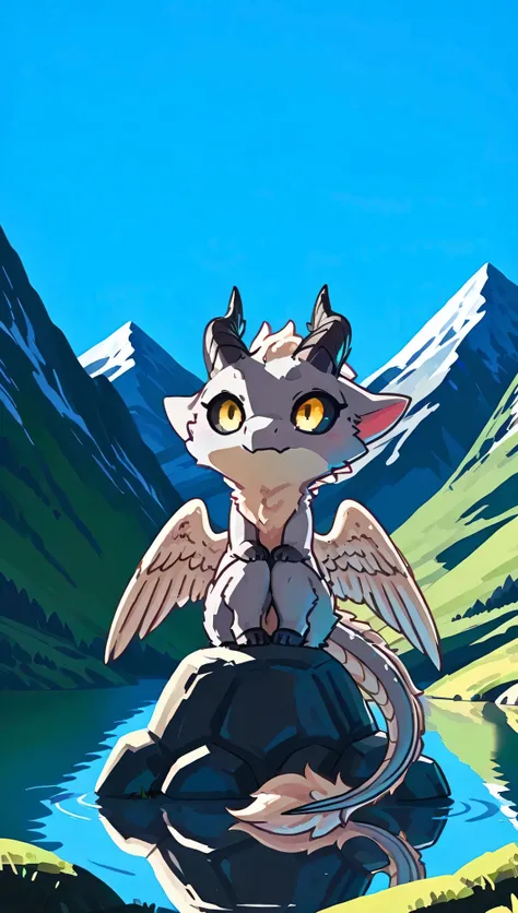 [Phone-Cover Style] [Furred Dragon - Trendy] [Model-Test*] - 2d, mountain clear blue sky, beauty scenery, sunny, solo, female, Nymki, dragon, chibi slender, furred_dragon, angel_wings feathered_glow super_fluffy, dragon tail, digitigrade paws, gray_fur, wh...