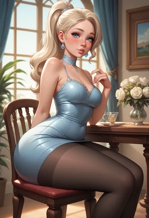 High quality, high resolution, masterpiece, intricate details, 1 girl, beautiful, cute face, big plump lips, beautiful blue eyes, long platinum blonde hair, ponytail, freckles, cute nose, long light blue dress, tight dress, black pantyhose, slim, (pudgy mi...