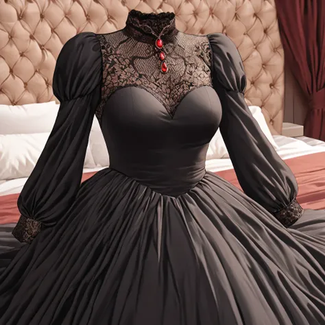 black dress, dress, long dress, long sleeves, juliet sleeves, on bed, (invisible:1.5, no humans:1.5, headless:1.5, faceless:1.5), cute big huge breasts, detailed cloth texture, extremely details, close-up to breasts, (Best-quality, Masterpiece, Ultra-High-...