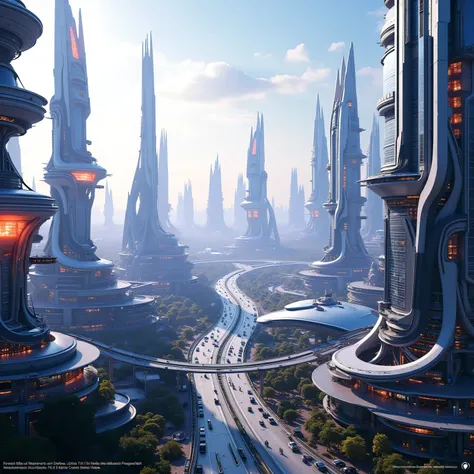 highly detailed future cities、spectacular futuristic buildings、complex future skylines、buildings with futuristic textures、panoramas capturing huge future cities、large-scale future cityscapes、future cityscapes accurately depicted、cutting-edge technology and...