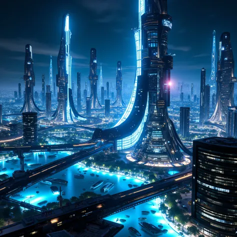 highly detailed future cities、Ground View、Human Eye View、spectacular futuristic buildings、complex future skylines、 blue neon 、Night view、buildings with futuristic textures、panoramas capturing huge future cities、large-scale future cityscapes、future cityscap...