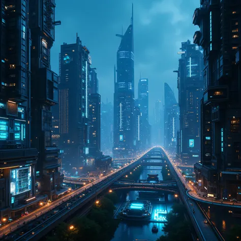 highly detailed future cities、Ground View、Human Eye View、spectacular futuristic buildings、complex future skylines、 blue neon 、Night view、buildings with futuristic textures、panoramas capturing huge future cities、large-scale future cityscapes、future cityscap...