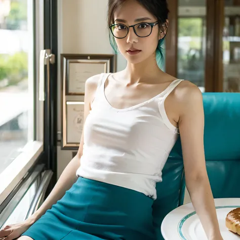nsfw、animation、Highest image quality、high resolution、Woman writing a novel、((She is wearing glasses that look like a woman's body is served on a plate))、Gentle expressions、(((slender figure)))、((blue-green hair))、short hair、A straight nose、small breasts、li...