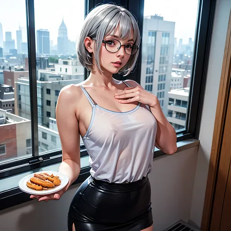 nsfw、animation、Highest image quality、high resolution、woman operating a laptop、((She is wearing glasses that look like a woman's body is served on a plate))、Gentle expressions、adult expression、(((slender figure)))、((bluish silver hair))、short hair、A straigh...