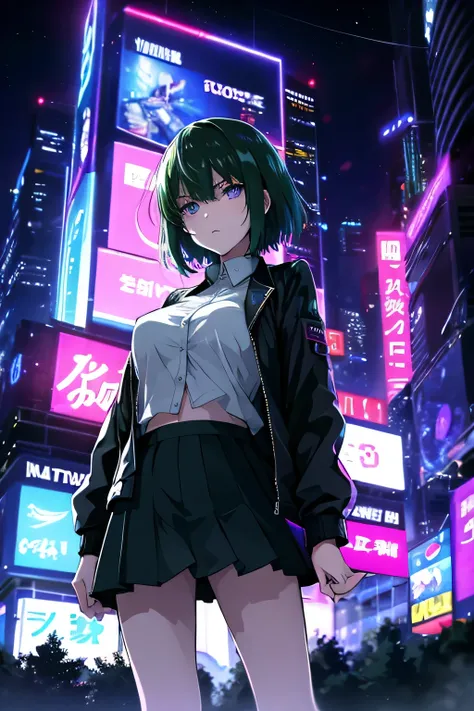 Anime、High Definition、high resolution、masterpiece、short hair、woman staring at you、angry amidst enemies、green hair、PURPLE EYES、Heavy Rain、Night City、cyberpunk、neon sign、see-through blouse that makes you shiver at the height of sexual desire、white mini skirt...
