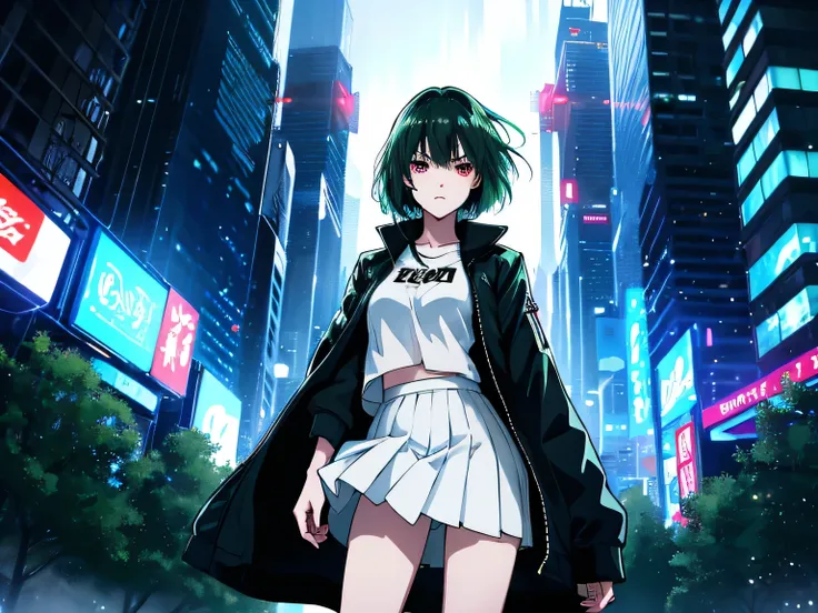 Anime、High Definition、high resolution、masterpiece、short hair、woman staring at you、angry amidst enemies、green hair、RED EYES、Heavy Rain、Night City、cyberpunk、neon sign、see-through blouse that makes you shiver at the height of sexual desire、white mini skirt wi...
