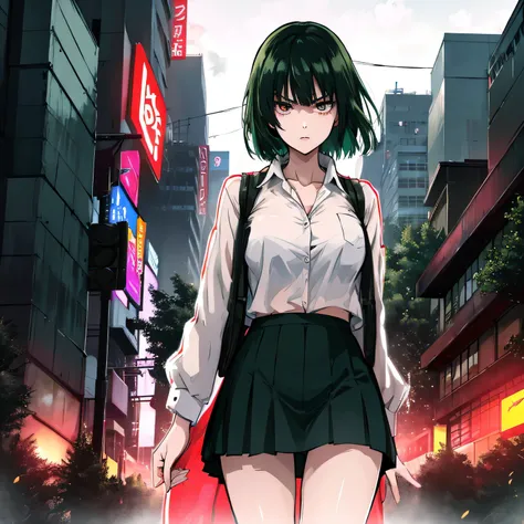 nsfw、Anime、High Definition、high resolution、masterpiece、short hair、woman staring at you、angry amidst enemies、green hair、RED EYES、Heavy Rain、Night City、cyberpunk、neon sign、see-through blouse that makes you shiver at the height of sexual desire、white mini ski...