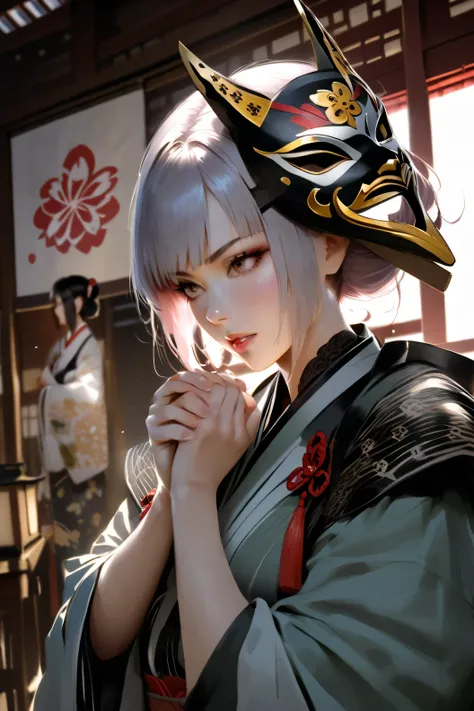 create a samuraisha girl, with a katana in her hands and a deman mask on her head but to see her face, in the background of Japan with sakura , make it as realistic as possible