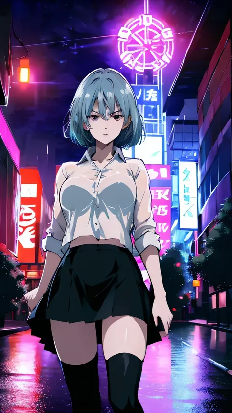 nsfw、Anime、High Definition、high resolution、masterpiece、short hair、woman staring at you、angry amidst enemies、dancing、bluish silver hair、RED EYES、((Heavy Rain))、Night City、cyberpunk、neon sign、see-through blouse that makes you shiver at the height of sexual d...