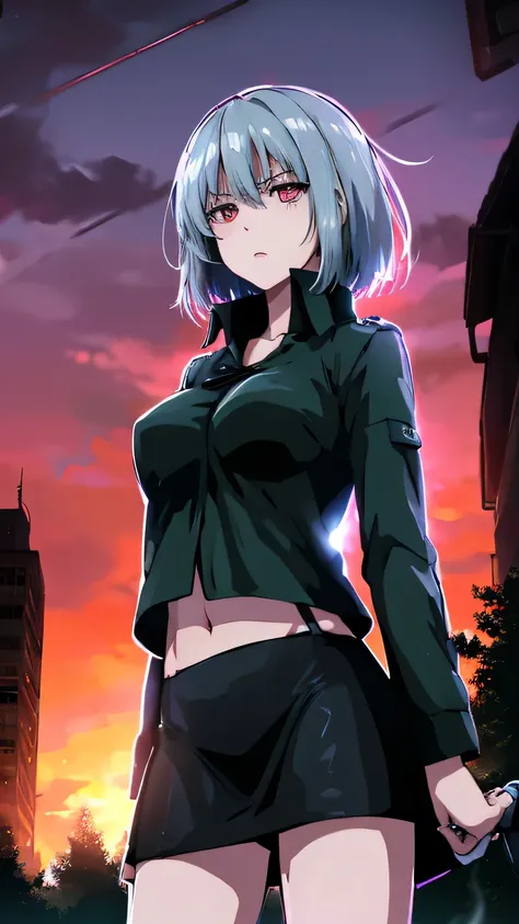 nsfw、Anime、High Definition、high resolution、masterpiece、short hair、woman staring at you、angry amidst enemies、dancing、bluish silver hair、RED EYES、((Heavy Rain))、Night City、cyberpunk、neon sign、see-through blouse that makes you shiver at the height of sexual d...