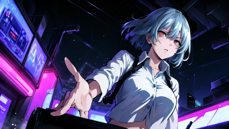 nsfw、Anime、High Definition、high resolution、masterpiece、short hair、woman staring at you、angry amidst enemies、dancing、bluish silver hair、RED EYES、((Heavy Rain))、Night City、cyberpunk、neon sign、see-through blouse that makes you shiver at the height of sexual d...