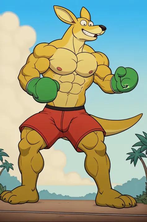a giant muscles boxing kangaroo, yellow skin, green boxing gloves, red shorts, bigger cartoon eyes, big ears, big feets, black boots, muscular body, full body, macro size, giant size, 50 foot size, hypercartoon, 8K, intricate details, photocartoon, studio ...