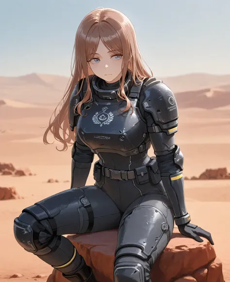 one girl,Mygo,nagasaki soyo, long hair,masterpiece, best quality, Amazing quality , Very aesthetic, high resolution, super details, soft,  color, absurd, Latest Stunning, Fine face , Beautiful Face,  helldiver armor, , black armor with yellow accents , bel...