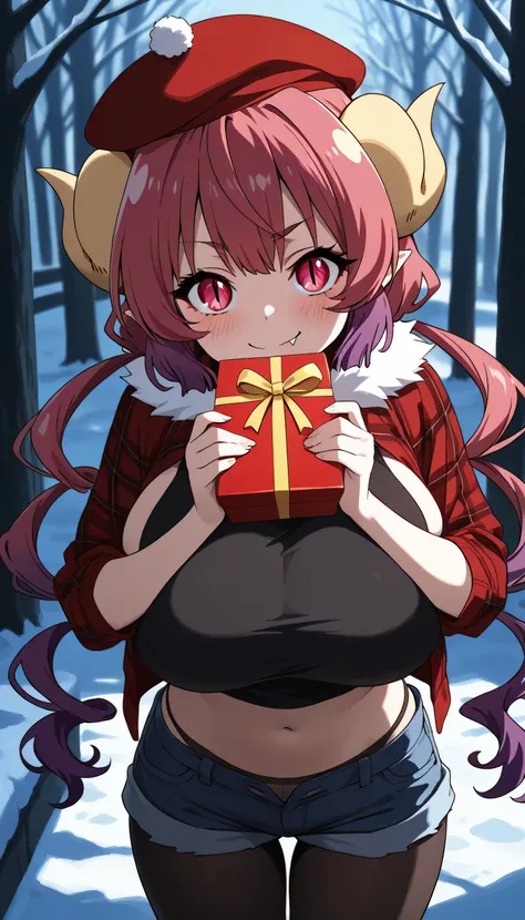 Give your images flat even illumination (negative) or dramatic chiaroscuro lighting (positive), huge breasts,1girl, solo, gift, pantyhose, horns, shorts, hat, fang, navel, looking_at_viewer, smile, red_headwear, pink_hair, dragon_horns, breasts, red_eyes, ...