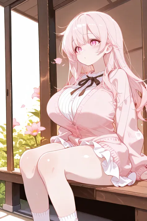 Highest Quality、anime style、masterpiece、Huge Breasts、(Girl and cat sitting side by side on the veranda in early spring afternoon:1.3)、both in the warm sunshine、they are narrowing their eyes and making them feel comfortable、Flowers are blooming in the garde...