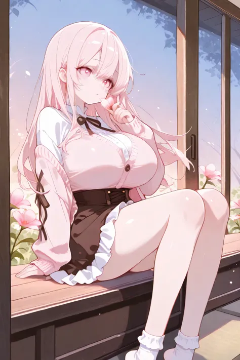 Highest Quality、anime style、masterpiece、Huge Breasts、(Girl and cat sitting side by side on the veranda in early spring afternoon:1.3)、both in the warm sunshine、they are narrowing their eyes and making them feel comfortable、Flowers are blooming in the garde...