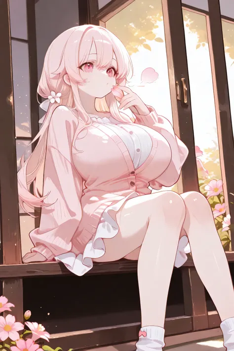 Highest Quality、anime style、masterpiece、Huge Breasts、Spring afternoon、girl and cat sitting side by side on the veranda、both in the warm sunshine、they are narrowing their eyes and making them feel comfortable、Flowers are blooming in the garden and the wind ...