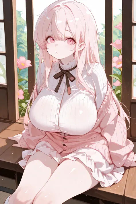 Highest Quality、anime style、masterpiece、Huge Breasts、Spring afternoon、girl and cat sitting side by side on the veranda、both in the warm sunshine、they are narrowing their eyes and making them feel comfortable、Flowers are blooming in the garden and the wind ...