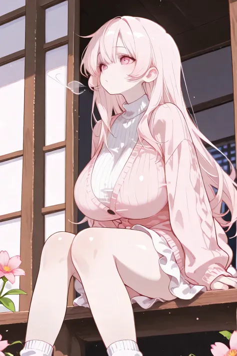 Highest Quality、anime style、masterpiece、Huge Breasts、Spring afternoon、girl and cat sitting side by side on the veranda、both in the warm sunshine、they are narrowing their eyes and making them feel comfortable、Flowers are blooming in the garden and the wind ...