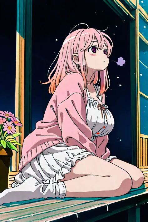 Highest Quality、anime style、masterpiece、Huge Breasts、Spring afternoon、girl and cat sitting side by side on the veranda、both in the warm sunshine、they are narrowing their eyes and making them feel comfortable、Flowers are blooming in the garden and the wind ...