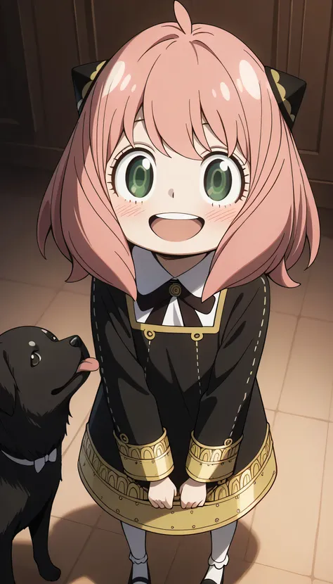 Give your images flat even illumination (negative) or dramatic chiaroscuro lighting (positive), 1girl, anya_(spy_x_family), dog, female_, pet_bowl, pink_hair, green_eyes, black_bowtie, black_bow, bowtie, smile, tongue, open_mouth, hairpods, bow, ahoge, loo...