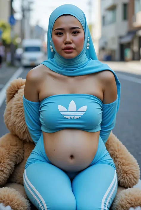 Disappointed facial expression, Front posing, Wearing Scarf neck tie, Front posing, SUPER SKINNY, (Thighs and calves huge muscles), (((MOODY FACE EXPRESSION))), "Wearing Hijab perfectly",  wearing Scoop Neck Sleeveless neon light blue Bodysuits strapless s...