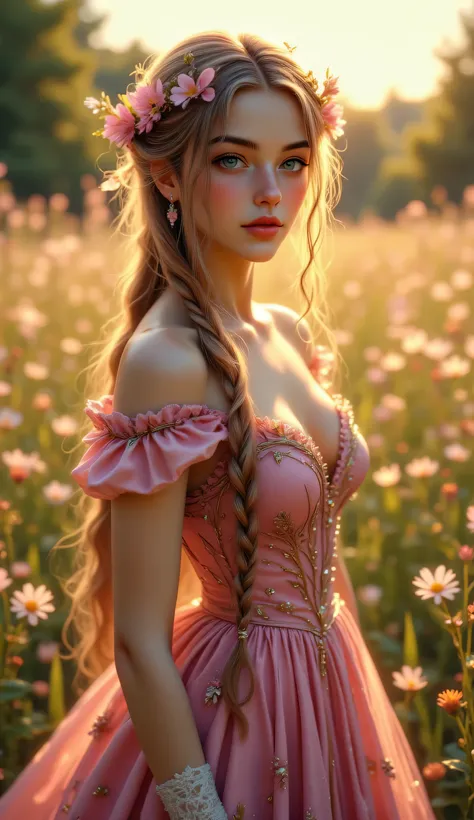 A soft-focus portrait photograph of a young woman embodying the raspberrycore aesthetic. She has long, wavy raspberry-colored hair with subtle, playful braids intertwined with dried flowers and delicate ribbons, and her eyes are a dreamy, misty hazel. She ...