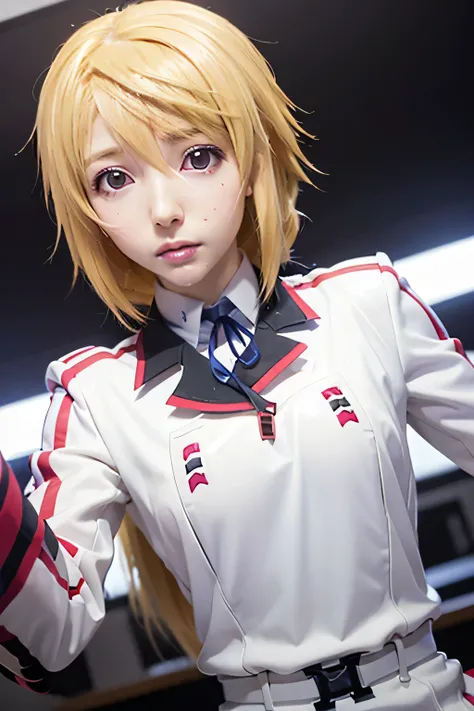 perfect anatomy Highest Quality,highest resolution,(((white shiny uniform shiny blonde sweat shiny skin))) Charlotte Dunois Infinite Stratos