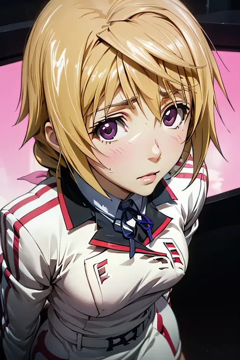 perfect anatomy Highest Quality,highest resolution,(((white shiny uniform shiny blonde sweat shiny skin))) Charlotte Dunois Infinite Stratos