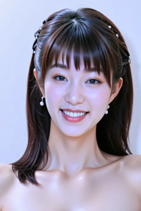 {{photo of your upper body：chest}} ,,{{8K},{Highest Quality},{masterpiece},{real},{very detailed},{Realistic},{{{dark haired}},{{{(straight hair}}},{{bungs:1.8)}},{{detailed faces with ofisu},{detailed eyes}},{{Lipstick}},{fine skin},{Fair skin},{{{topless...