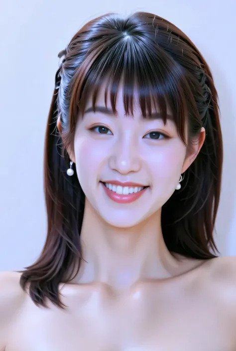 {{photo of your upper body：chest}} ,,{{8K},{Highest Quality},{masterpiece},{real},{very detailed},{Realistic},{{{dark haired}},{{{(straight hair}}},{{bungs:1.8)}},{{detailed faces with ofisu},{detailed eyes}},{{Lipstick}},{fine skin},{Fair skin},{{{topless...