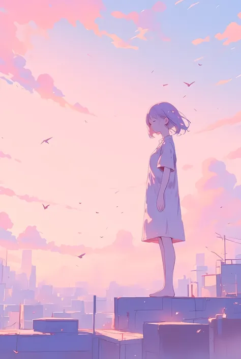 Cozy vibes and pastel pop art anime style of a silhouette of a person standing on a rooftop, head slightly bowed, with hair softly blowing in a gentle breeze. The background features a dreamy pastel sky filled with fluffy clouds in soft pinks, purples, and...