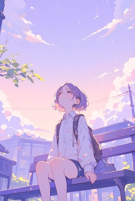 A young person sitting on a bench, gazing softly upward at a dreamy pastel sky filled with gentle rain falling in soft vertical streaks. The person wears a light-colored shirt and a cozy backpack, with delicate highlights and smooth anime-style shading. A ...