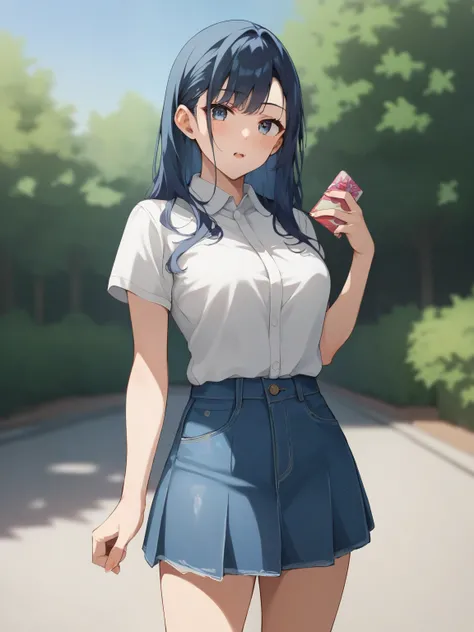 score_9, score_8_up, score_7_up, score_6_up, score_5_up, Anime，nsfw，a strict young  with short, straight, dark blue hair，Petite，skinny，リアルなAnimeスタイルで，Strict girl with dark blue hair、Wearing a simple white polo shirt and denim skirt，glitter， Depth of Subject ，