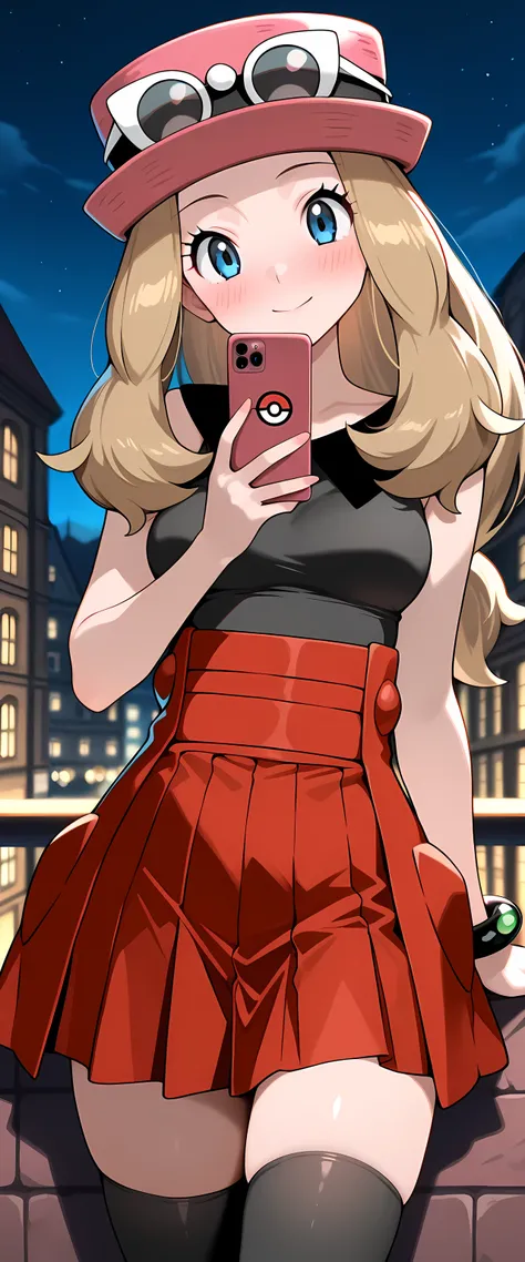 masterpiece, best quality,1boy,solo,serena_(pokemon),zzSerena, solo, long hair, blue eyes, eyewear on headwear, pink headwear, eyelashes, sleeveless shirt, black shirt, bracelet, high-waist skirt, red skirt, black thighhighs,dark town,night,phone,head tilt...