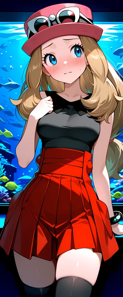 masterpiece, best quality,1boy,solo,serena_(pokemon),zzSerena, solo, long hair, blue eyes, eyewear on headwear, pink headwear, eyelashes, sleeveless shirt, black shirt, bracelet, high-waist skirt, red skirt, black thighhighs,dark room,aquarium,fish tanks,w...