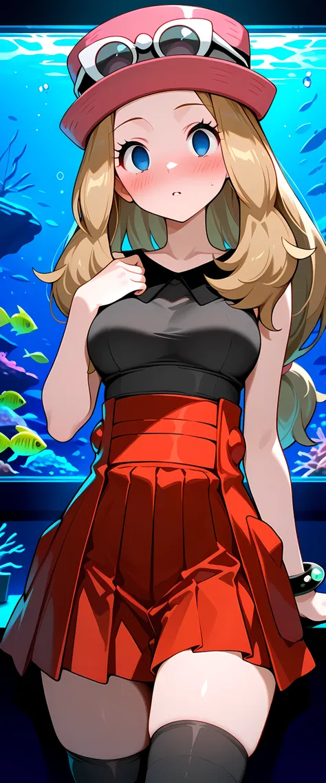 masterpiece, best quality,1girl,solo,serena_(pokemon),zzSerena, solo, long hair, blue eyes, eyewear on headwear, pink headwear, eyelashes, sleeveless shirt, black shirt, bracelet, high-waist skirt, red skirt, black thighhighs,dark room,aquarium,fish tanks,...