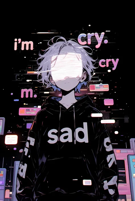 The image features an anime-style character with short, spiky white hair, dressed in a black hoodie emblazoned with the word 'SAD' in large white letters. Rendered in pastel pop art anime style, the harsh glitchy, pixelated 'CRY' screen obscuring the chara...