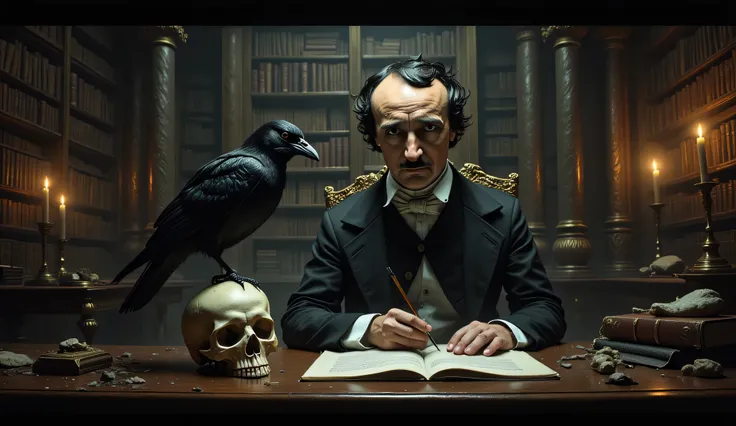 Edgar Allan Poe sitting at a desk in a Gothic library, a raven is perched on a human skull sitting on his desk, Gothic fantasy, high detail, masterpiece.
