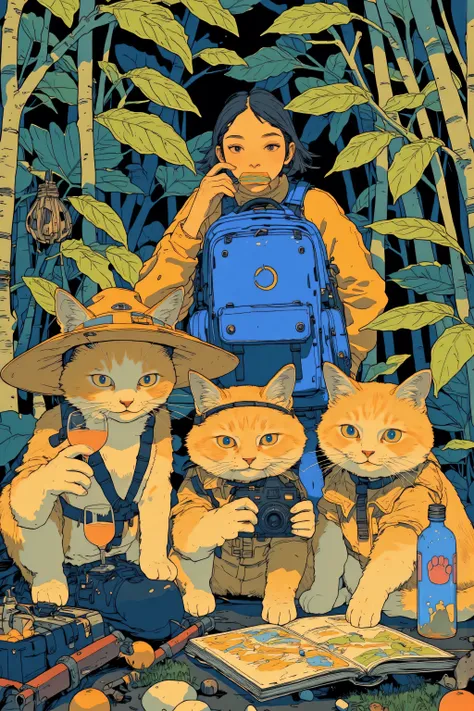 A whimsical illustration featuring a group of adorable cats dressed as explorers and a female explorer,Surrounded by lush foliage and camping equipment,The scene is composed of warm earth tones with emerald green accents,Emphasizing the forest environment,...