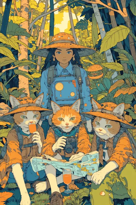 A whimsical illustration featuring a group of adorable cats dressed as explorers and a female explorer,Surrounded by lush foliage and camping equipment,The scene is composed of warm earth tones with emerald green accents,Emphasizing the forest environment,...