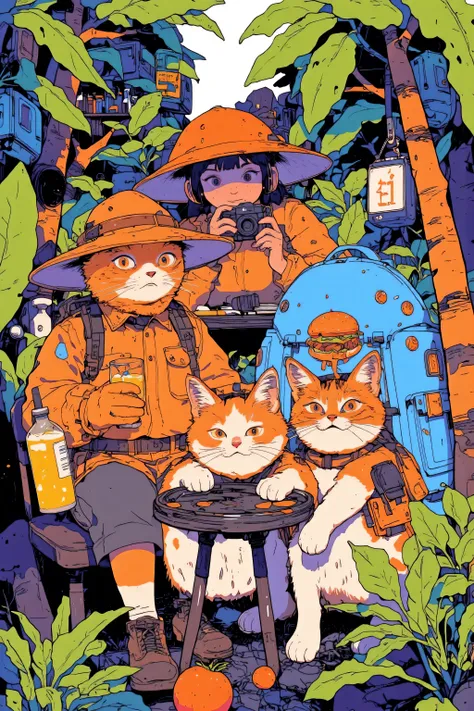 A whimsical illustration featuring a group of adorable cats dressed as explorers and a female explorer,Surrounded by lush foliage and camping equipment,The scene is composed of warm earth tones with emerald green accents,Emphasizing the forest environment,...