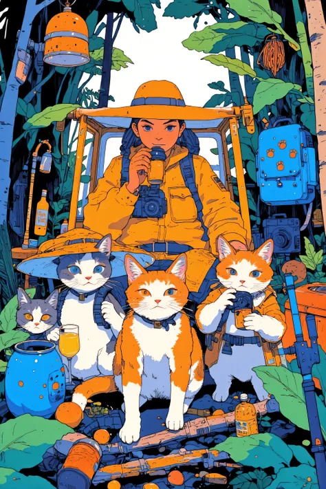 A whimsical illustration featuring a group of adorable cats dressed as explorers and a female explorer,Surrounded by lush foliage and camping equipment,The scene is composed of warm earth tones with emerald green accents,Emphasizing the forest environment,...
