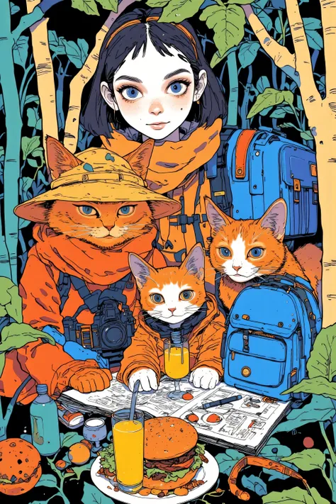 A whimsical illustration featuring a group of adorable cats dressed as explorers and a female explorer,Surrounded by lush foliage and camping equipment,The scene is composed of warm earth tones with emerald green accents,Emphasizing the forest environment,...