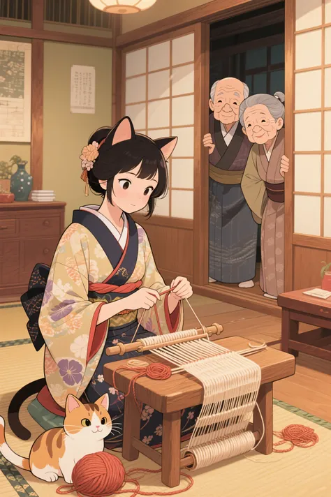 (The cat returns the favor :1.2),Please draw a scene where the cat becomes a human woman and returns the favor、mainly depict a scene where the cat weaves、It's a Japanese fairy tale。That cat、機織りをしているあいだは部屋を覗いてはいけないと言いましたが、The old couple succumbs to curiosit...