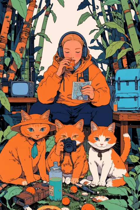 A whimsical illustration featuring a group of adorable cats dressed as explorers and a female explorer,Surrounded by lush foliage and camping equipment,The scene is composed of warm earth tones with emerald green accents,Emphasizing the forest environment,...